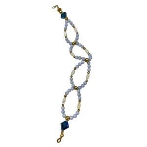 Blue Goldtone Shaped Beaded Bracelet 8.5 Inch Spring Clasp